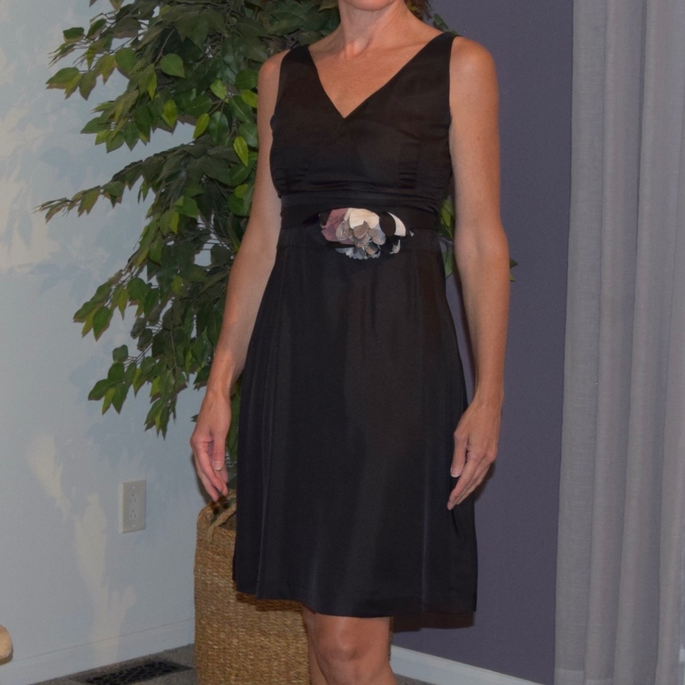 Banana Republic Monogram Black Corsage Belted Silk Dress